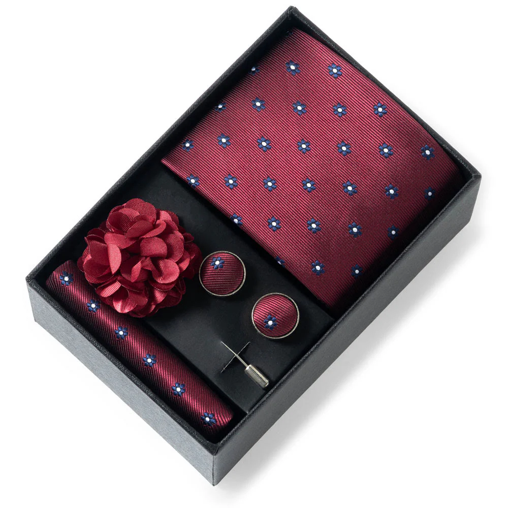4Pcs Men's Stylish Patterned Fabric Necktie Pocket Square Cufflink And Lapel Flower Set - Image 43