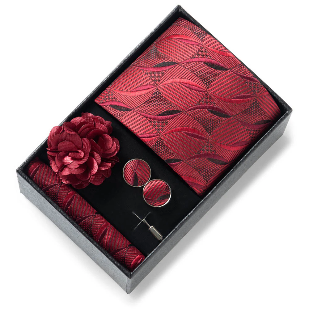 4Pcs Men's Stylish Patterned Fabric Necktie Pocket Square Cufflink And Lapel Flower Set - Image 44