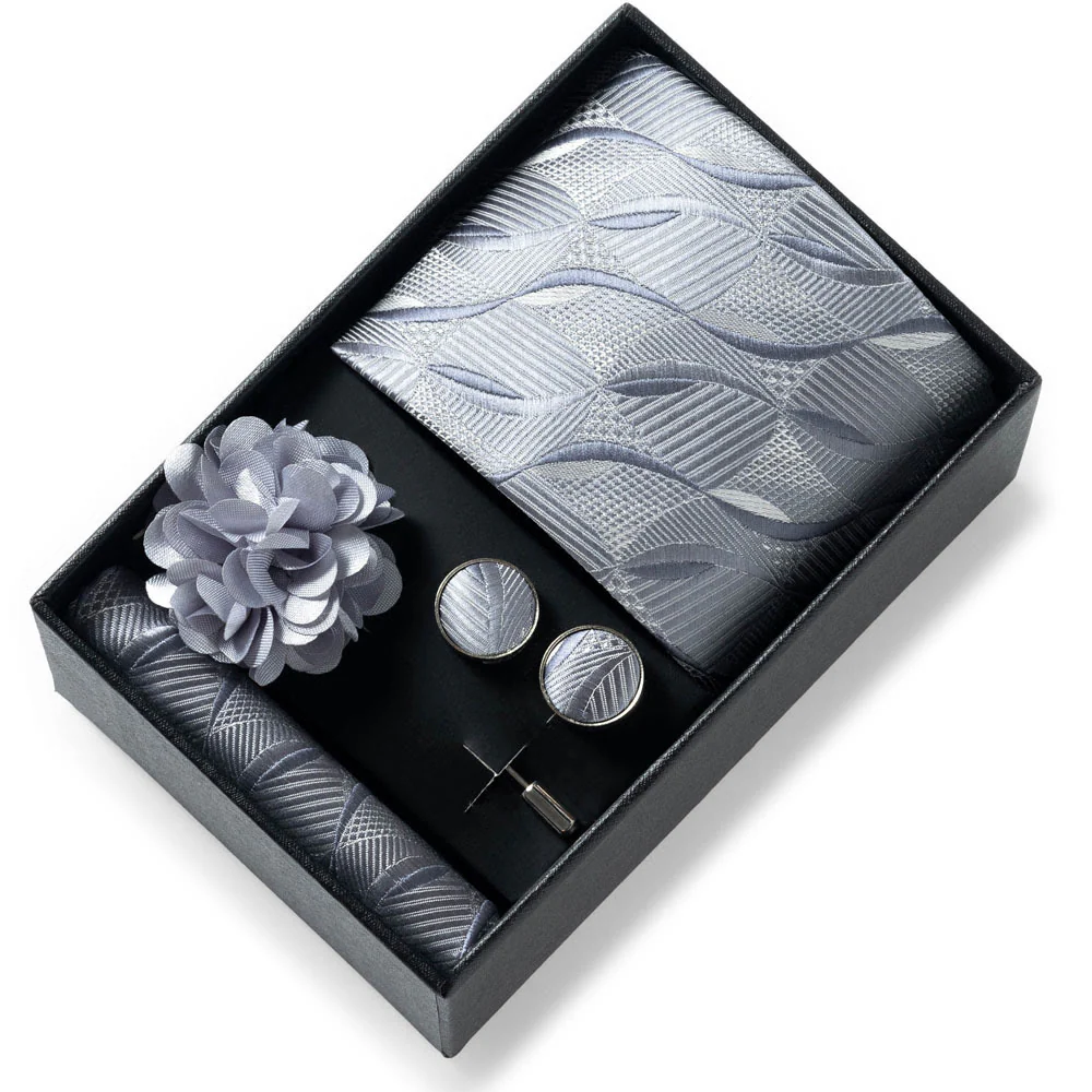 4Pcs Men's Stylish Patterned Fabric Necktie Pocket Square Cufflink And Lapel Flower Set - Image 49
