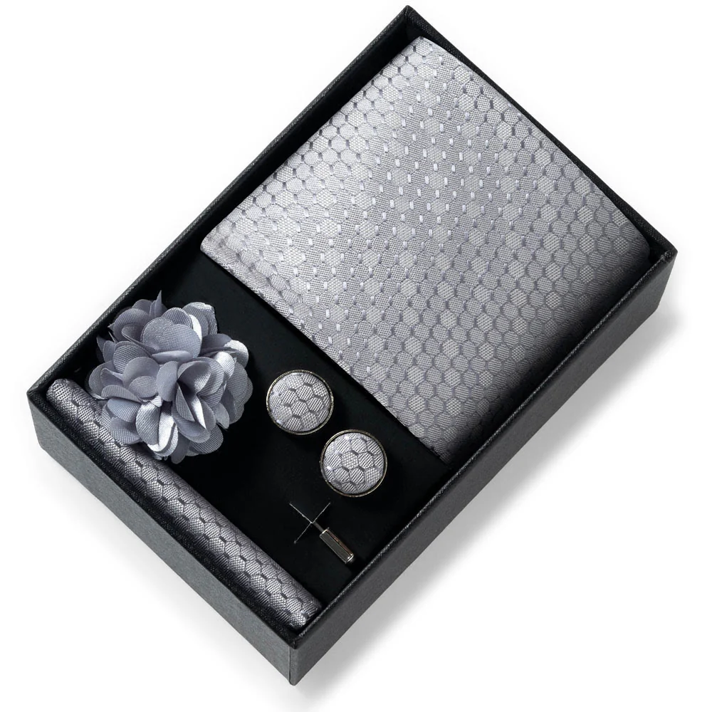 4Pcs Men's Stylish Patterned Fabric Necktie Pocket Square Cufflink And Lapel Flower Set - Image 52