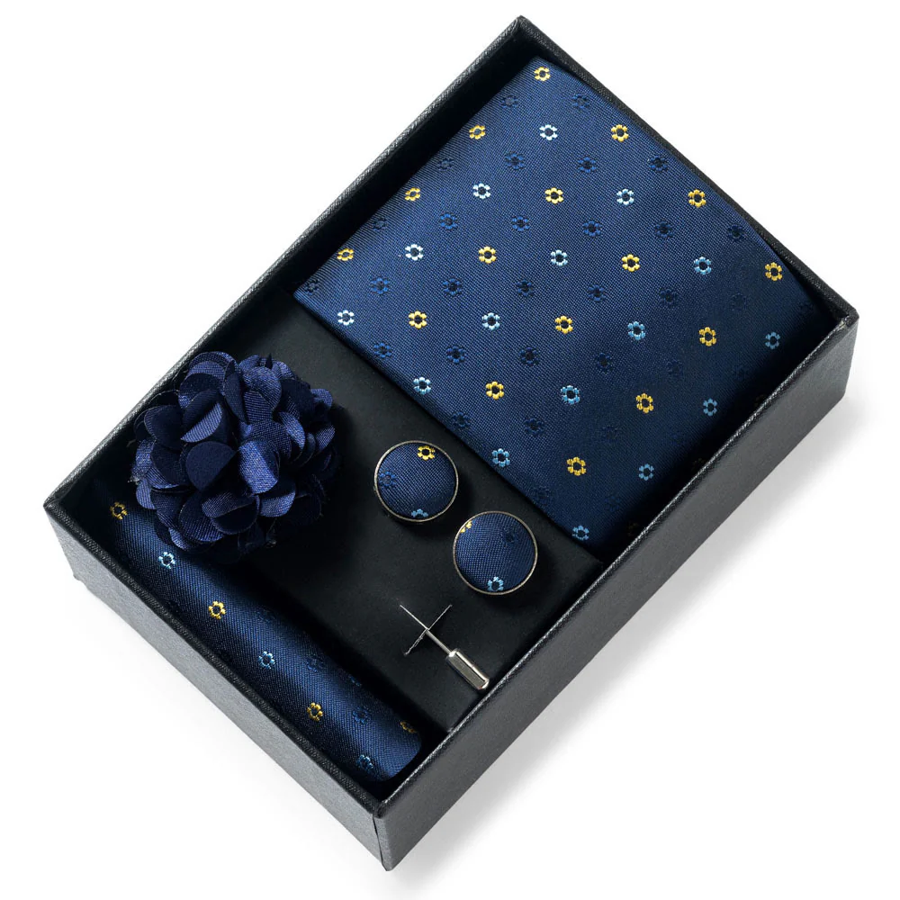 4Pcs Men's Stylish Patterned Fabric Necktie Pocket Square Cufflink And Lapel Flower Set - Image 54