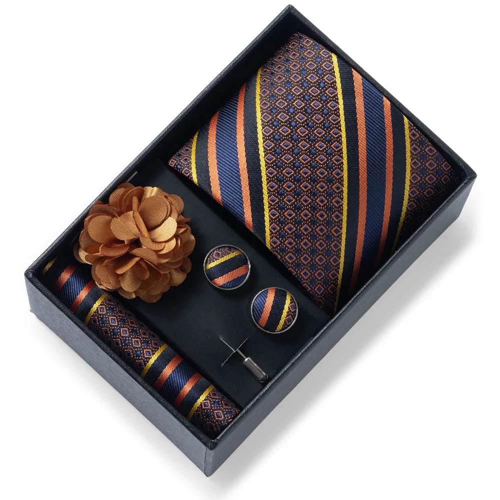 4Pcs Men's Stylish Patterned Fabric Necktie Pocket Square Cufflink And Lapel Flower Set - Image 56