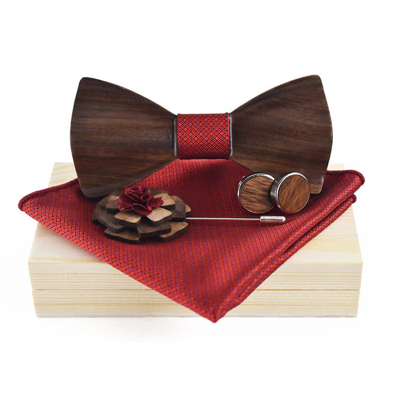 4Pcs Men's Vintage Black Wooden Bow Tie Set - Image 10