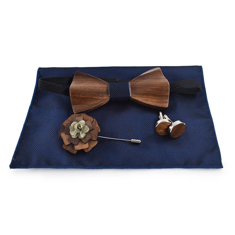 4Pcs Men's Vintage Black Wooden Bow Tie Set - Image 2