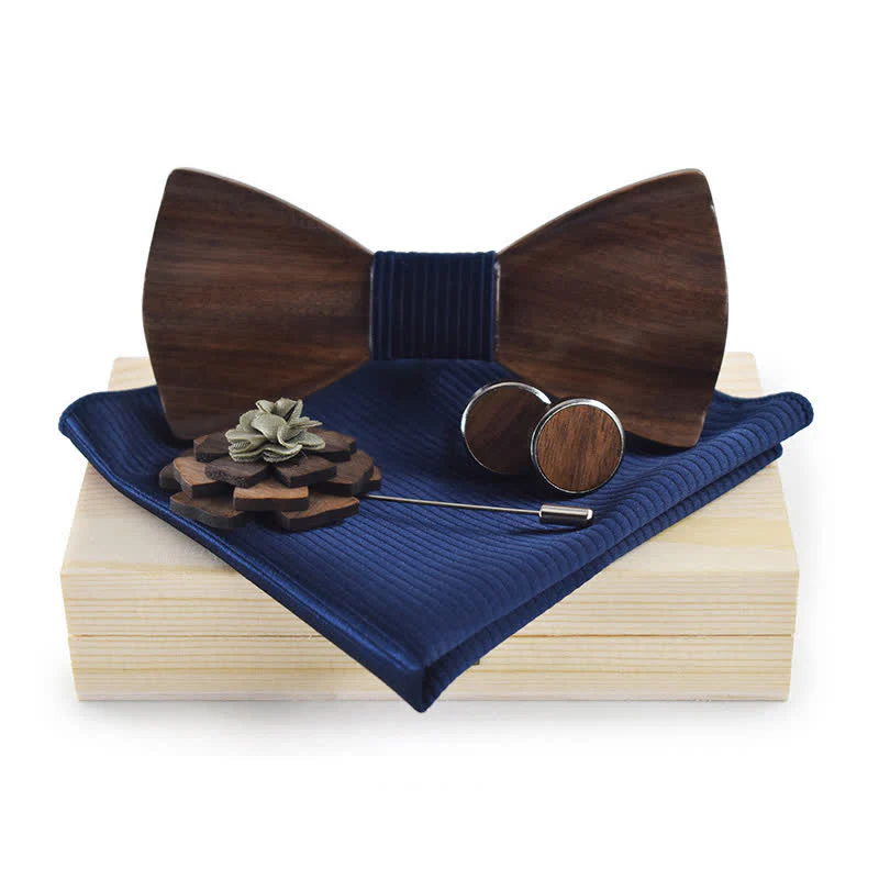 4Pcs Men's Vintage Black Wooden Bow Tie Set - Image 3