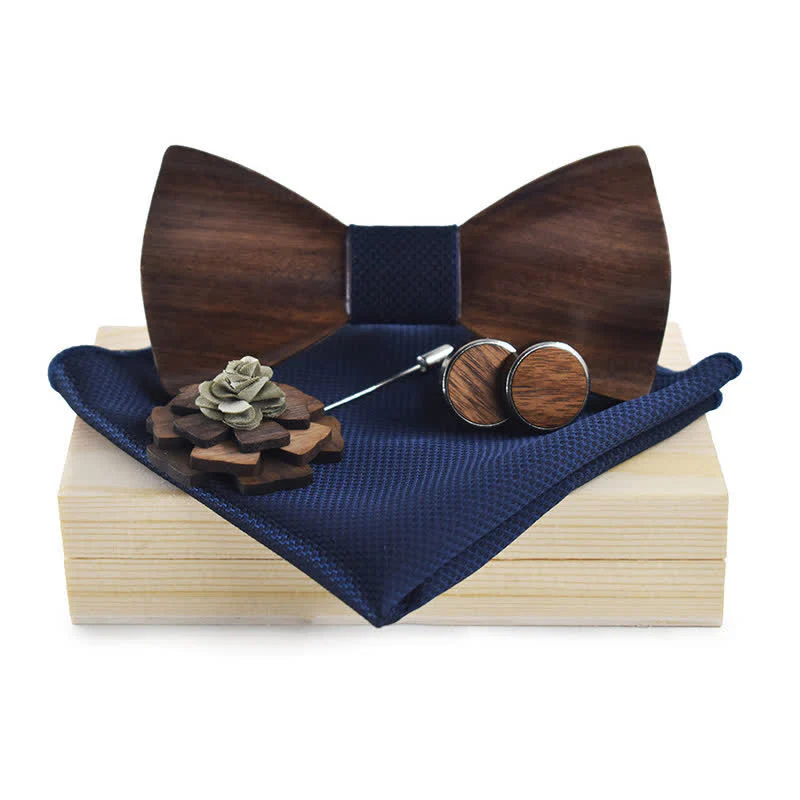 4Pcs Men's Vintage Black Wooden Bow Tie Set - Image 9