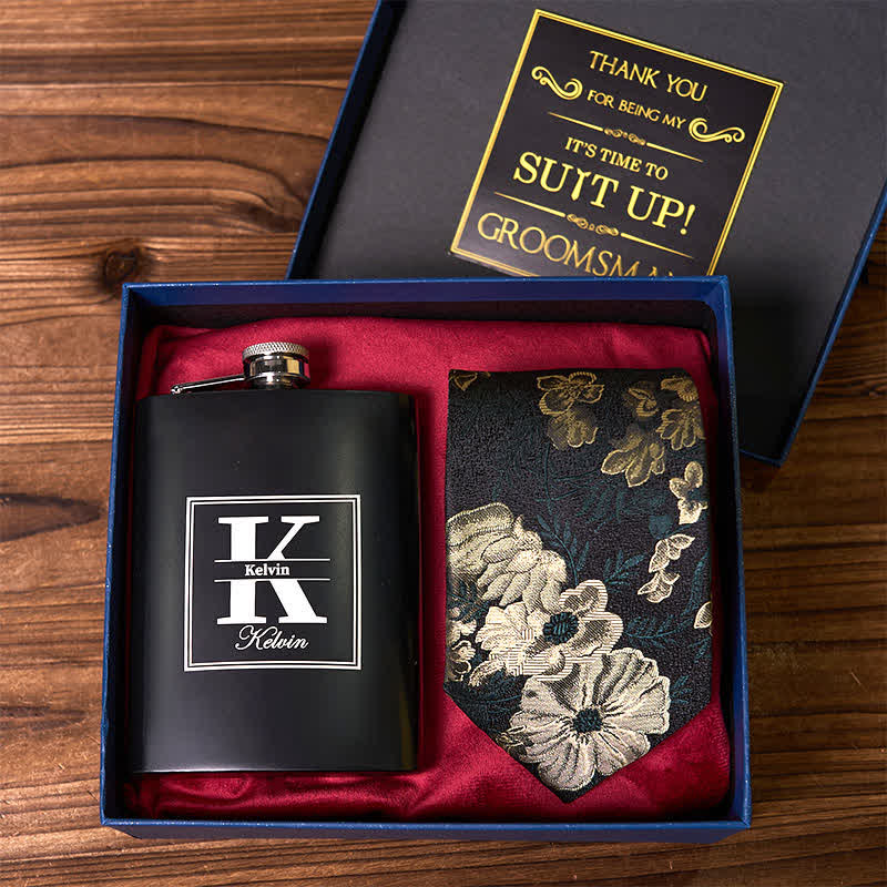 4Pcs Necktie Cuffinks Socks Suit Set Customizable Flask Groomsmen Gift Box - Image 3