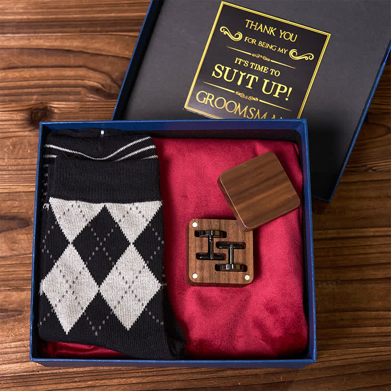 4Pcs Necktie Cuffinks Socks Suit Set Customizable Flask Groomsmen Gift Box - Image 4