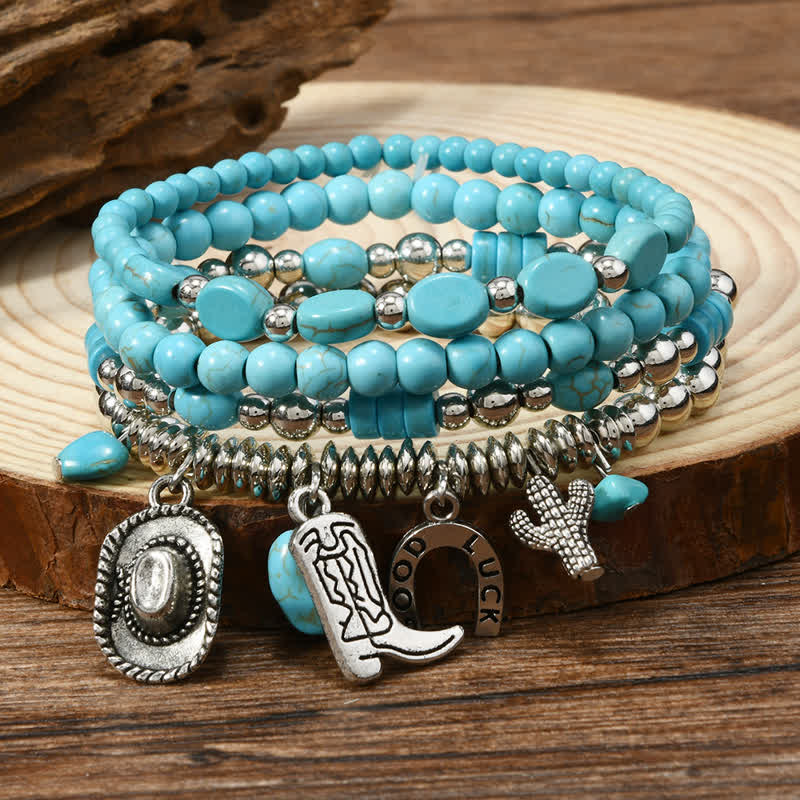 4Pcs Western Frontier Style Turquoise Leather Bracelet Set