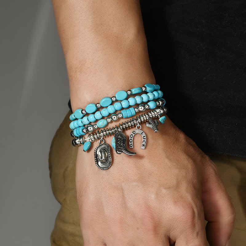 4Pcs Western Frontier Style Turquoise Leather Bracelet Set - Image 2