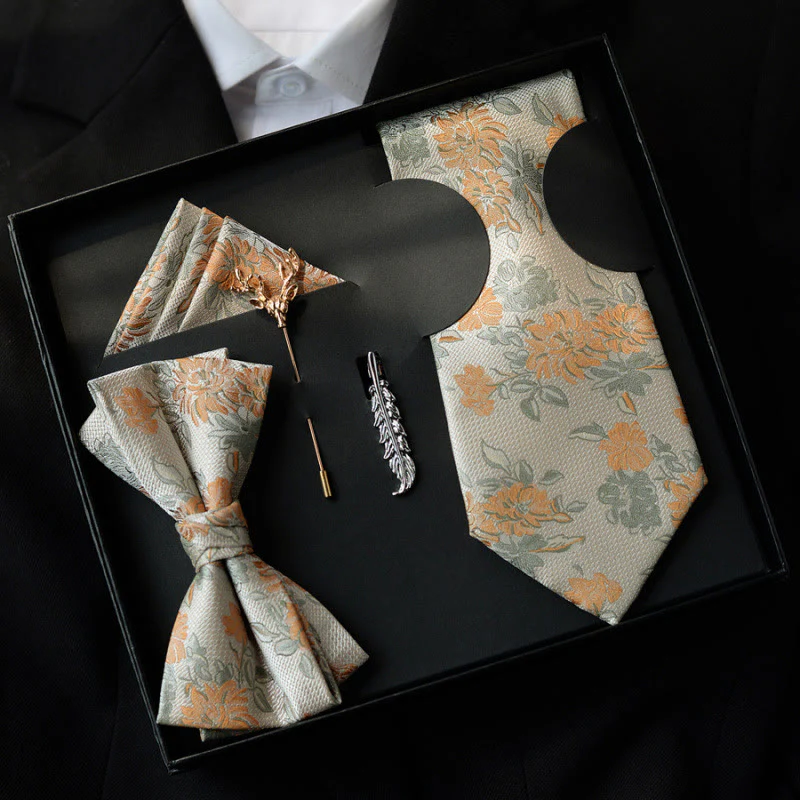 5Pcs Men's Beige Flower Pattern Bow Ties Gift Box