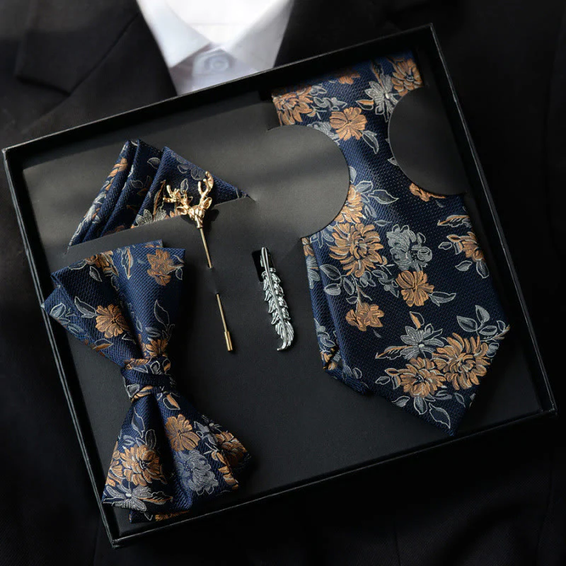 5Pcs Men's Blue Flower Pattern Bow Ties Gift Box