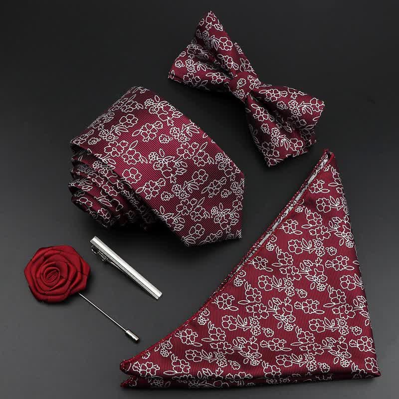5Pcs Men's Burgundy Floral Paisley Bow Ties Gift Box - Image 4