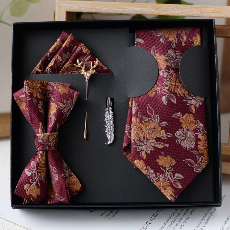 5Pcs Men's Burgundy Flower Pattern Bow Ties Gift Box