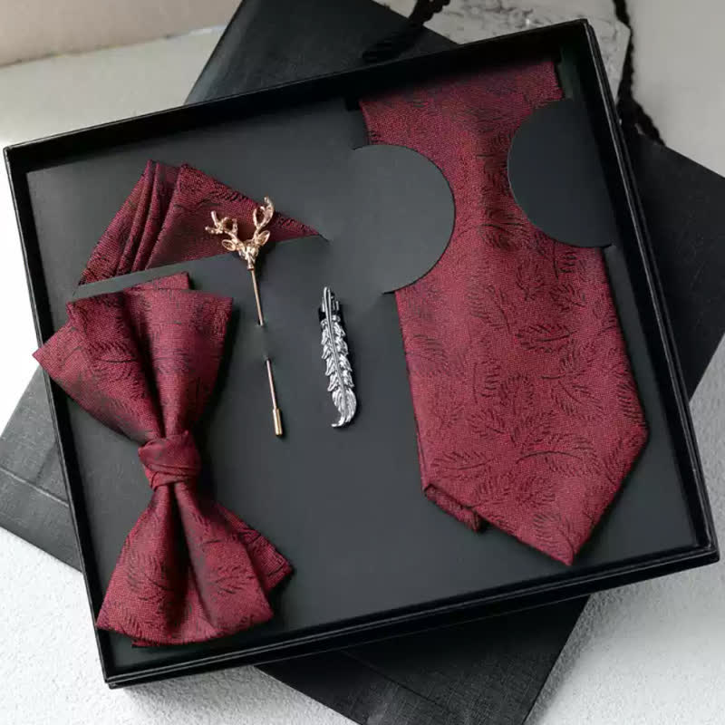 5Pcs Men's Casual Dark Brown Leaves Print Bow Ties Gift Box - Image 6