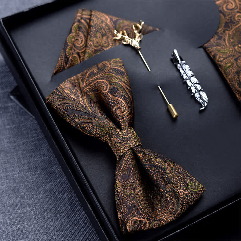 5Pcs Men's Dark Brown & Black Paisley Bow Ties Gift Box - Image 2