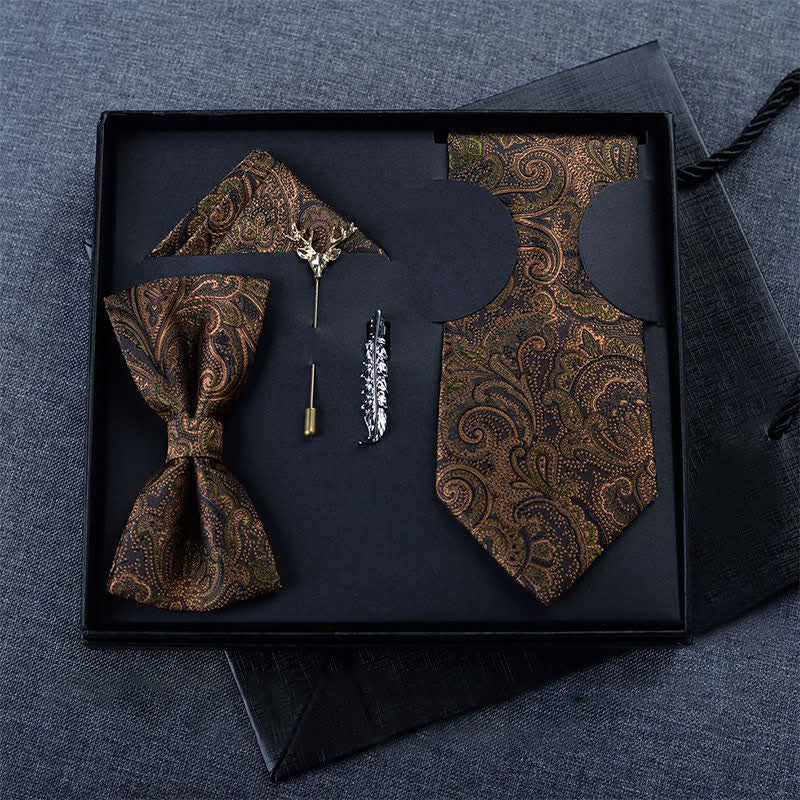 5Pcs Men's Dark Brown & Black Paisley Bow Ties Gift Box - Image 3