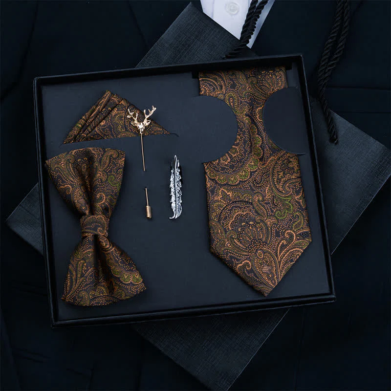 5Pcs Men's Dark Brown & Black Paisley Bow Ties Gift Box - Image 9