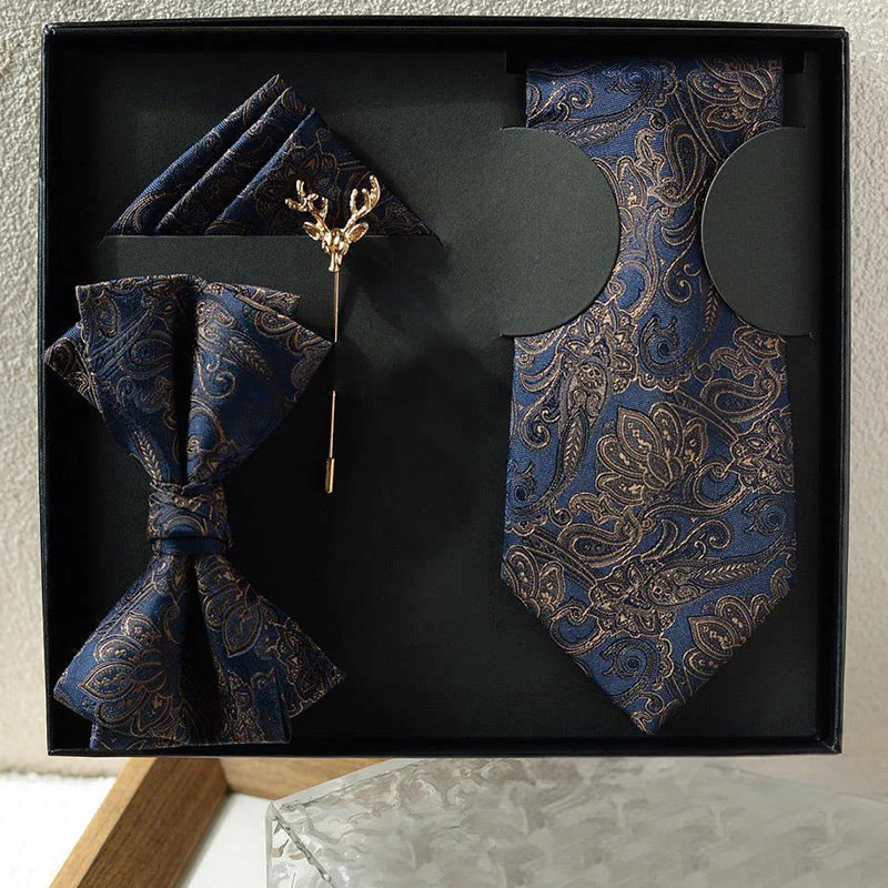 5Pcs Men's Paisley Pattern Deep Blue Necktie Set