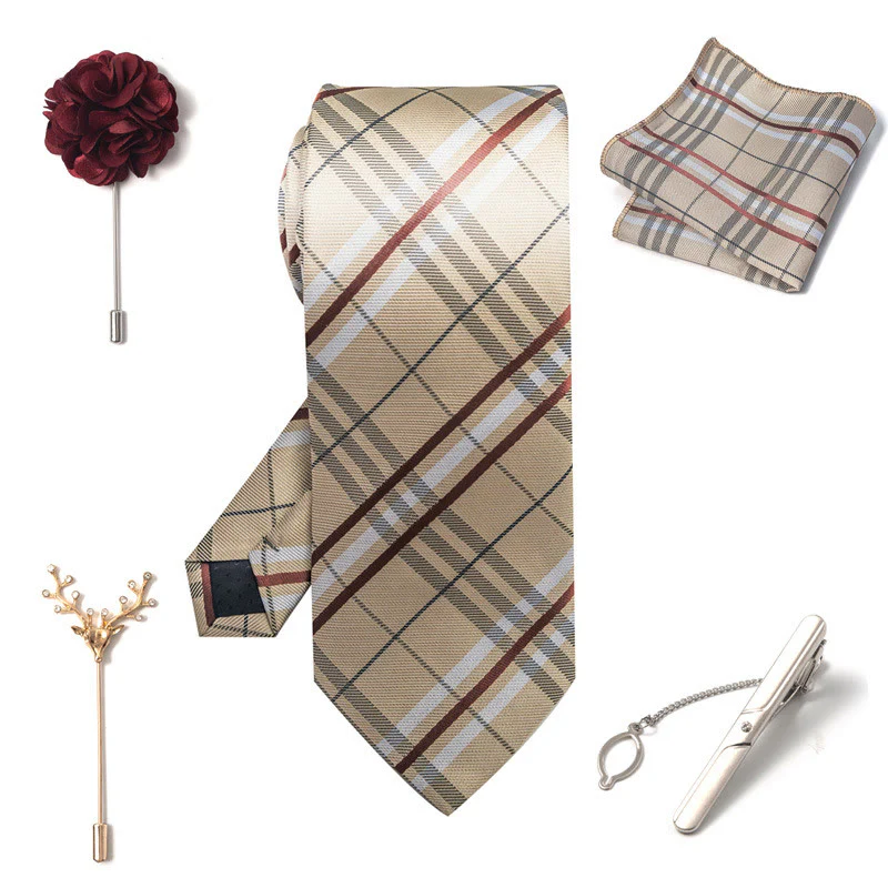 5Pcs Men's Elegant Pocket Square Brooch Corsage Necktie Set - Image 16