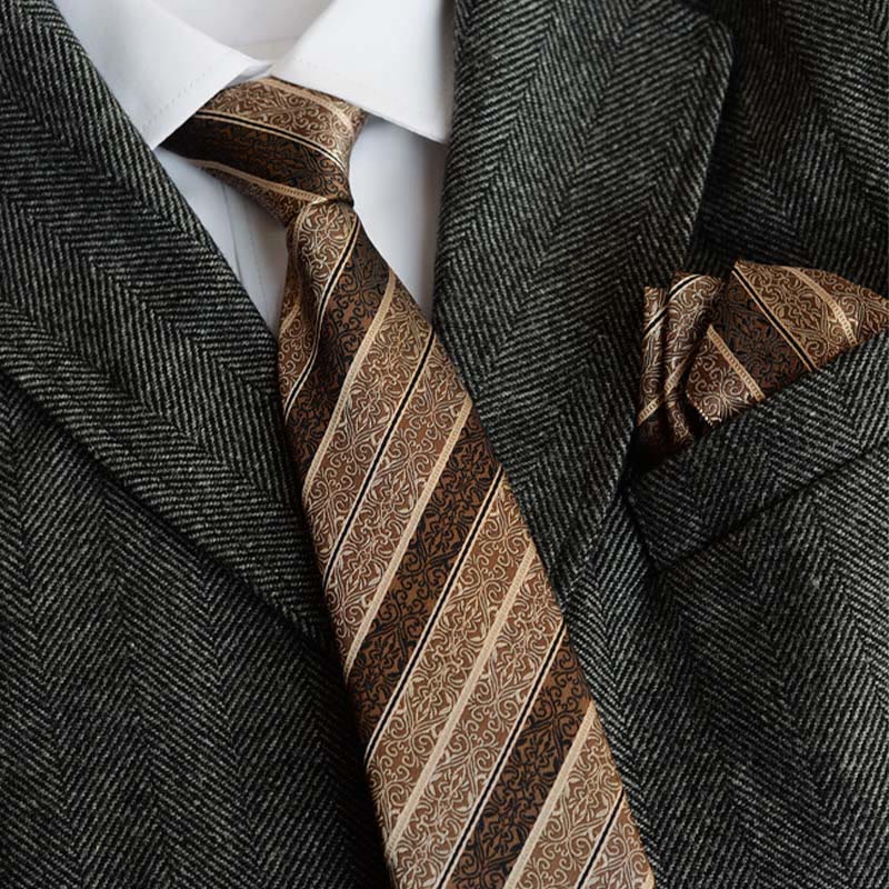 5Pcs Men's Retro Brown Diagonal Print Necktie Set - Image 2