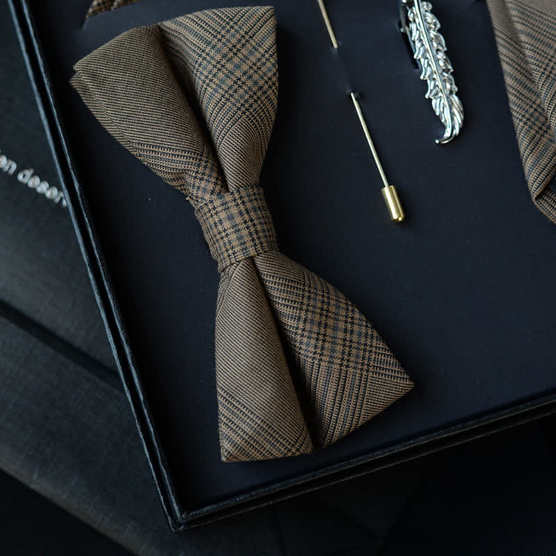 5Pcs Men's Vintage Coffee Brown Plaid Bow Ties Gift Box - Image 3