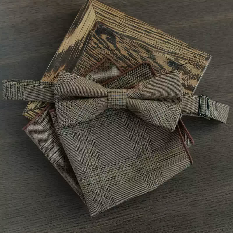 5Pcs Men's Vintage Coffee Brown Plaid Bow Ties Gift Box - Image 5