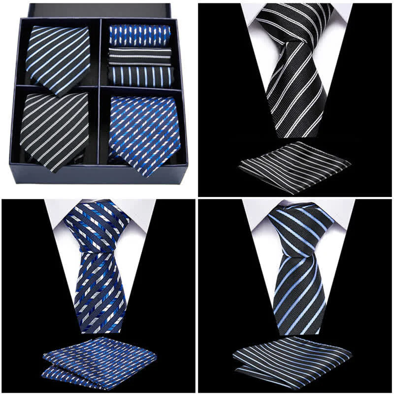 6Pcs Men's Blue & Black Striped Necktie Pocket Square Set Gift Box - Image 2