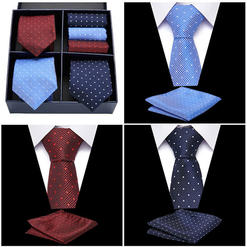 6Pcs Men's Burgundy & Blue Dotty Necktie Pocket Square Set Gift Box - Image 2