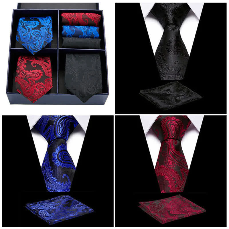 6Pcs Men's Paisley Necktie Pocket Square Set Four-Grid Gift Box - Image 2