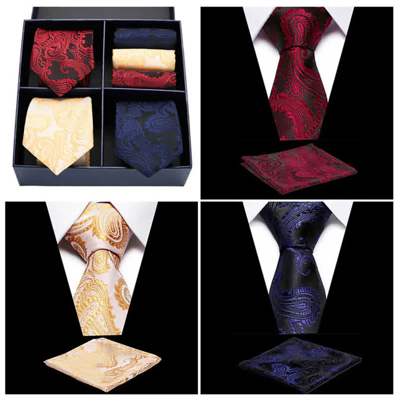 6Pcs Men's Paisley Necktie Pocket Square Set Four-Grid Gift Box - Image 4