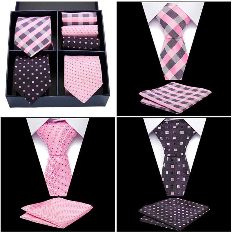 6Pcs Men's Pink & Black Dotty Striped Necktie Pocket Square Set Gift Box - Image 2
