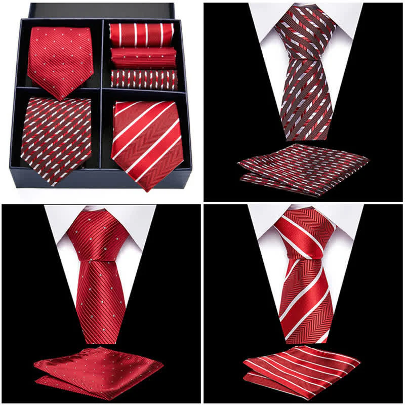 6Pcs Men's Red Dotty & Striped Necktie Pocket Square Set Gift Box - Image 2