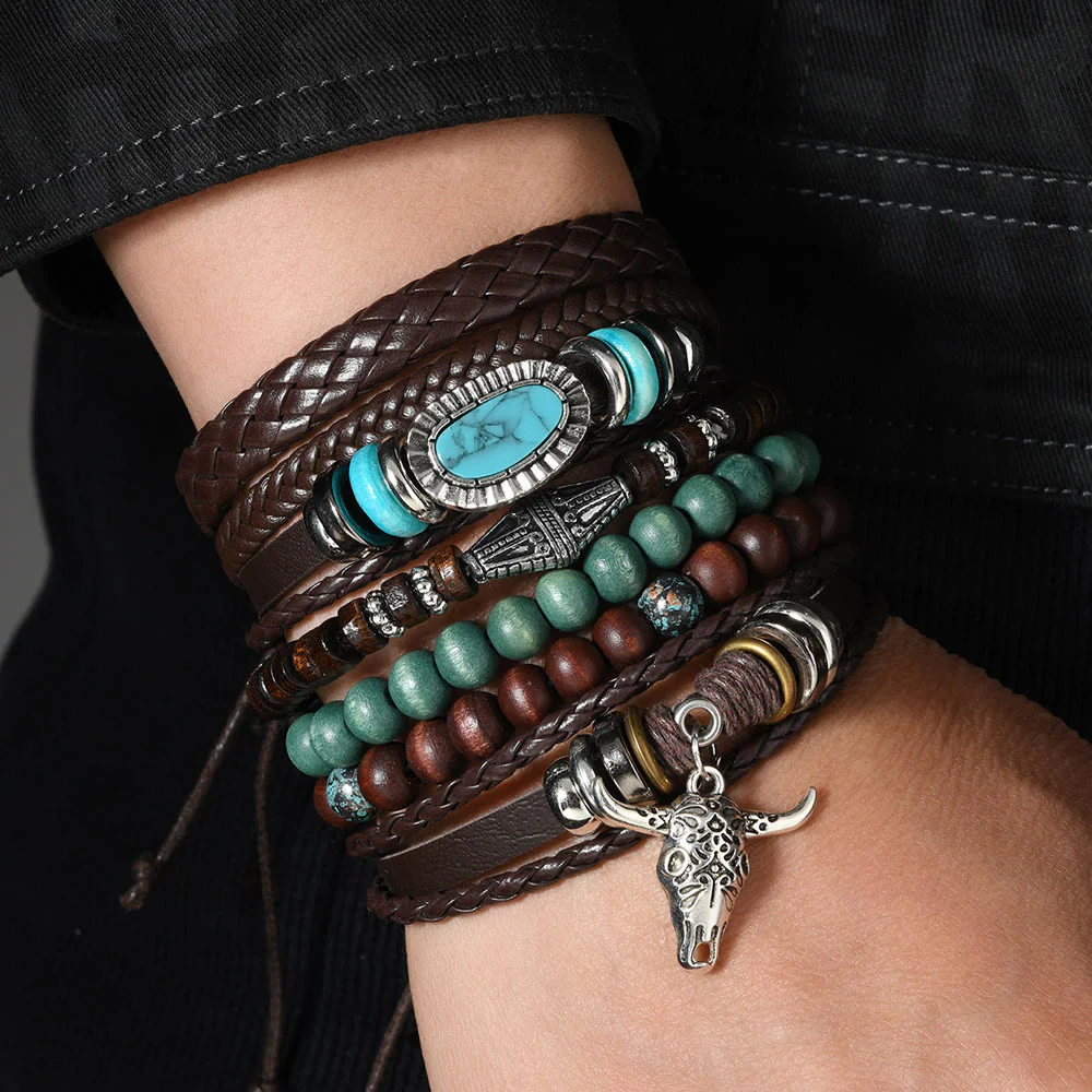6Pcs Western Retro Bullhead Turquoise Leather Beaded Bracelet - Image 10