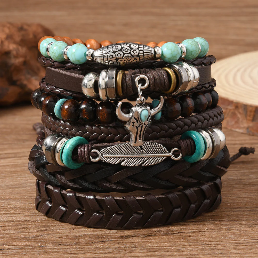 6Pcs Western Retro Bullhead Turquoise Leather Beaded Bracelet - Image 3