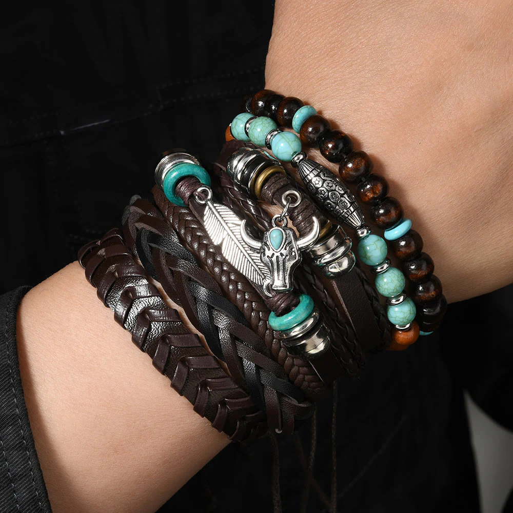 6Pcs Western Retro Bullhead Turquoise Leather Beaded Bracelet - Image 4