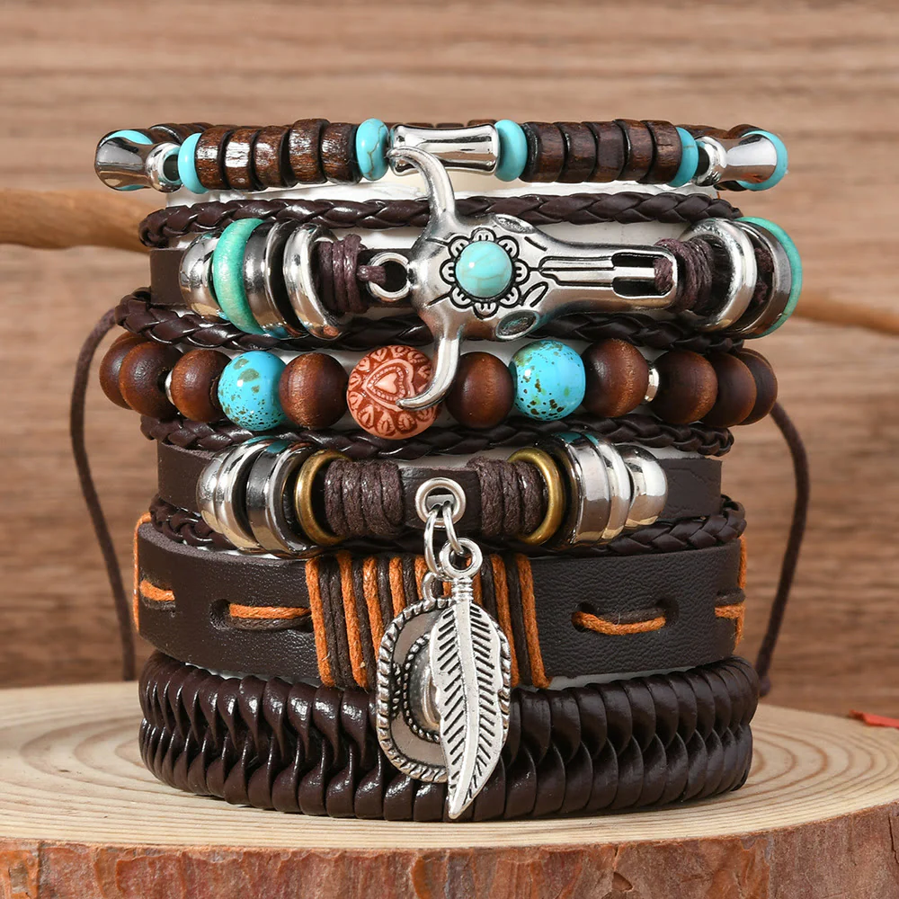 6Pcs Western Retro Bullhead Turquoise Leather Beaded Bracelet - Image 5