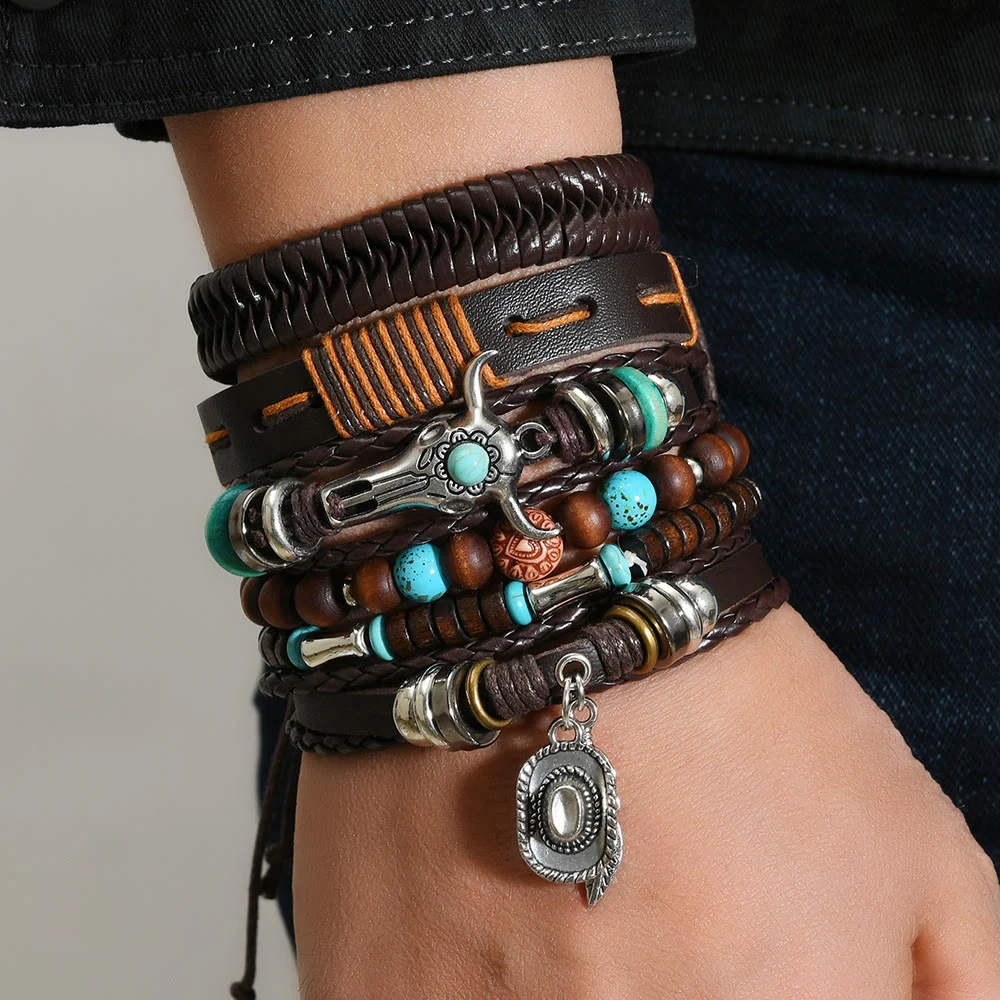 6Pcs Western Retro Bullhead Turquoise Leather Beaded Bracelet - Image 6