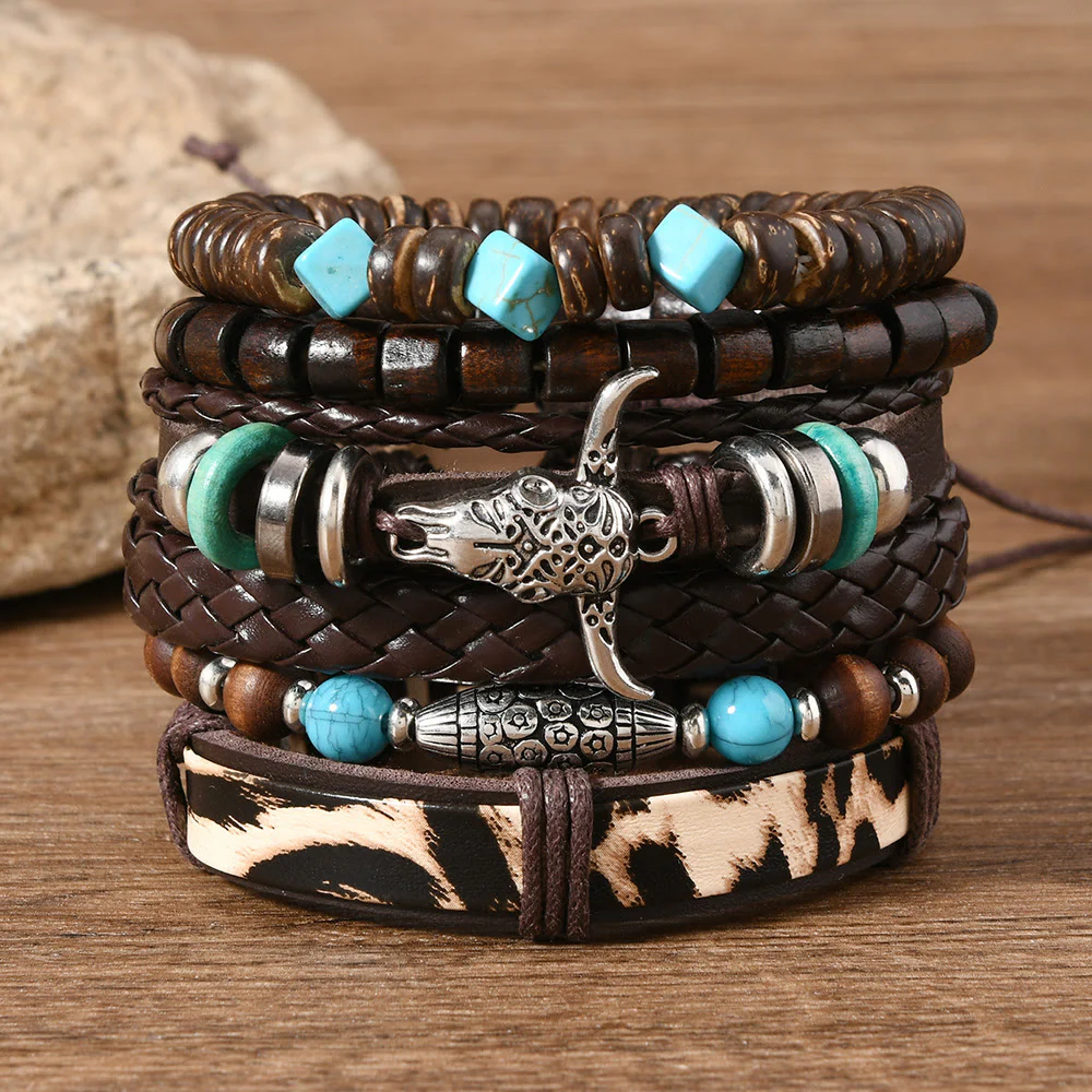 6Pcs Western Retro Bullhead Turquoise Leather Beaded Bracelet - Image 7
