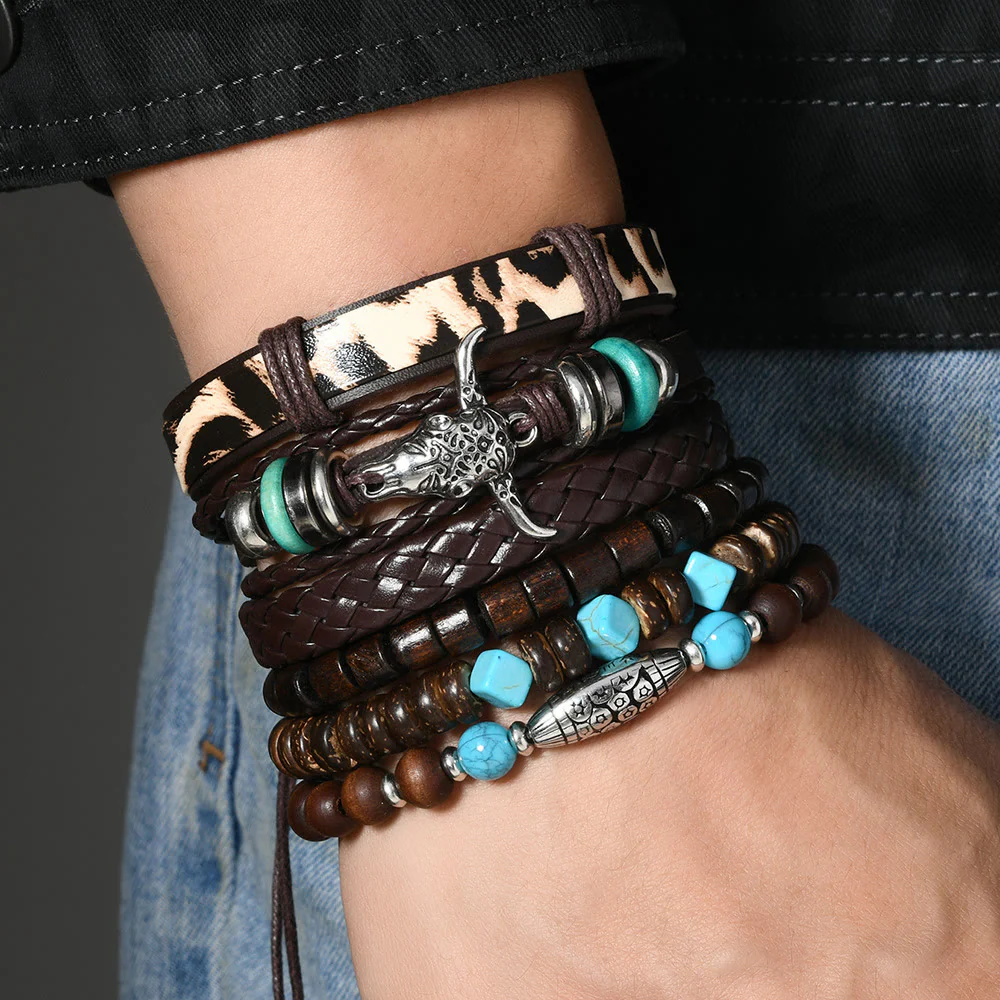 6Pcs Western Retro Bullhead Turquoise Leather Beaded Bracelet - Image 8