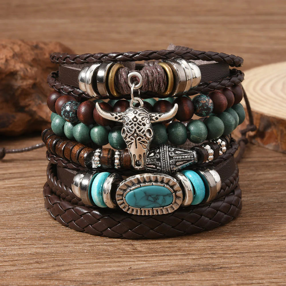 6Pcs Western Retro Bullhead Turquoise Leather Beaded Bracelet - Image 9