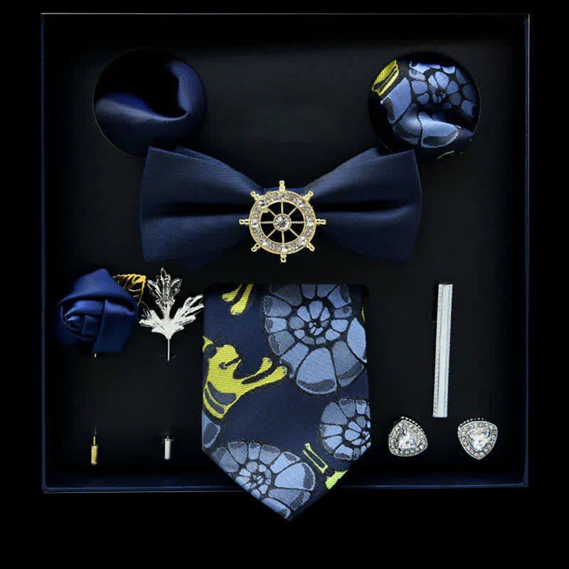 8Pcs Blue&Yellow Floral Casual Necktie Bow Ties Gift Box