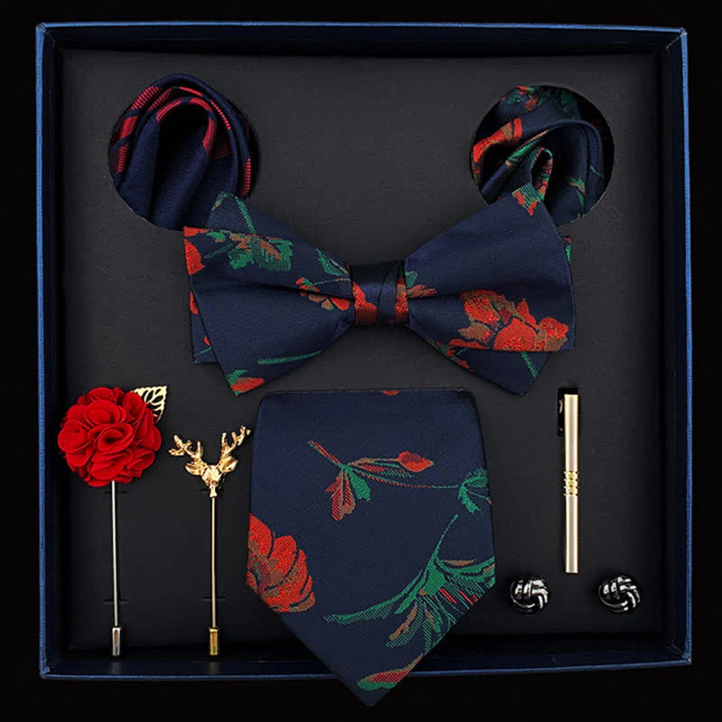 8Pcs Men's Navy Blue & Red Charming Rose Bow Ties Gift Box