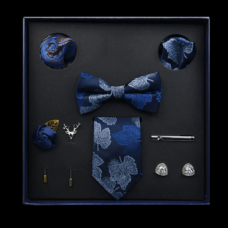 8Pcs MidnightBlue Vintage Leaf Necktie Bow Ties Gift Box