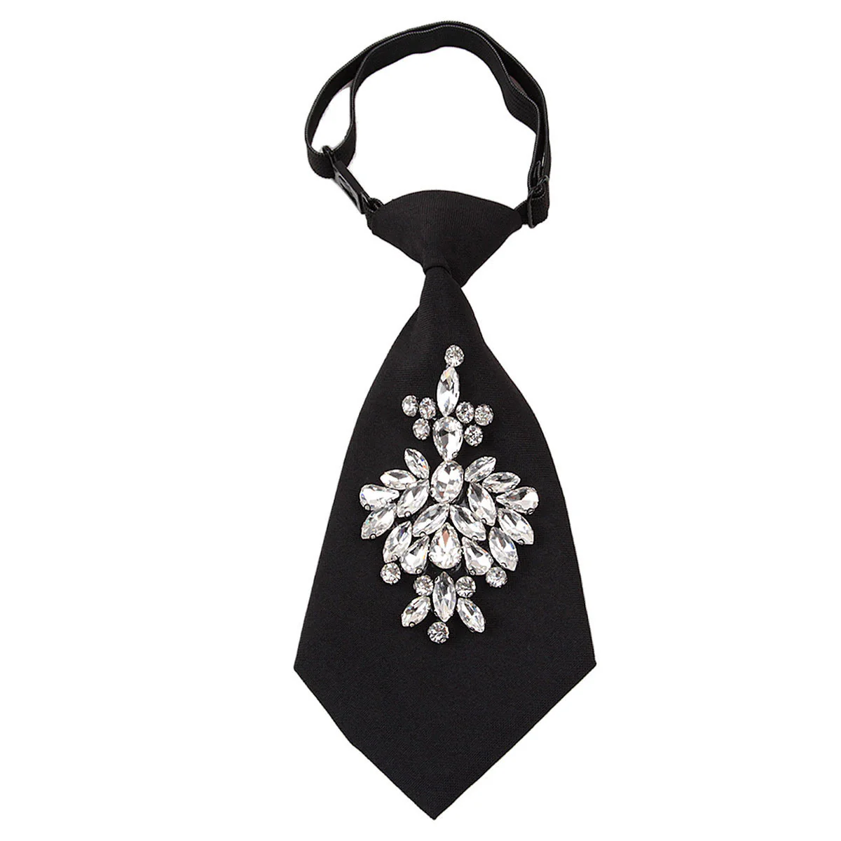 Adjustable Black Pre-tied Rhinestone Women's Short Necktie