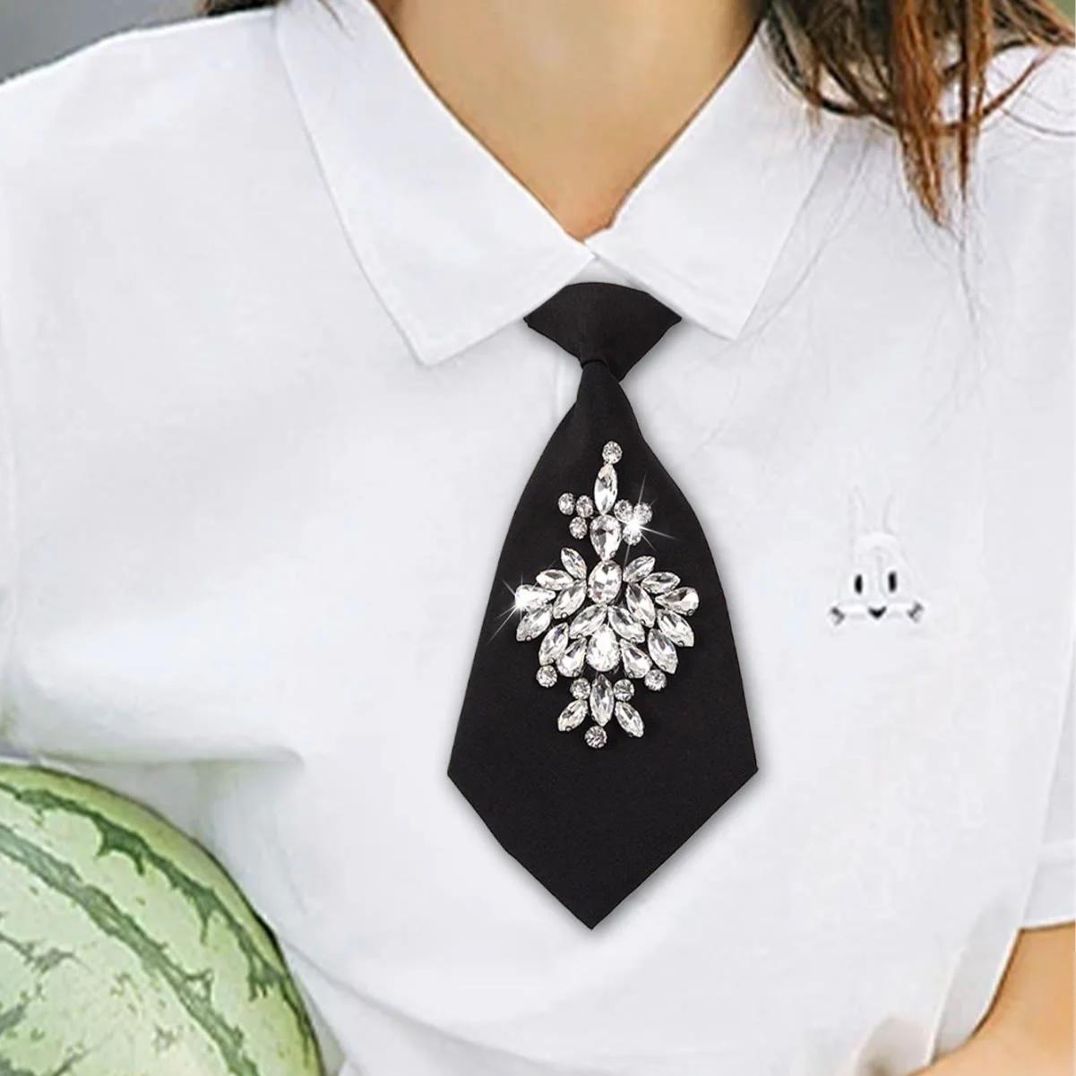 Adjustable Black Pre-tied Rhinestone Women's Short Necktie - Image 2