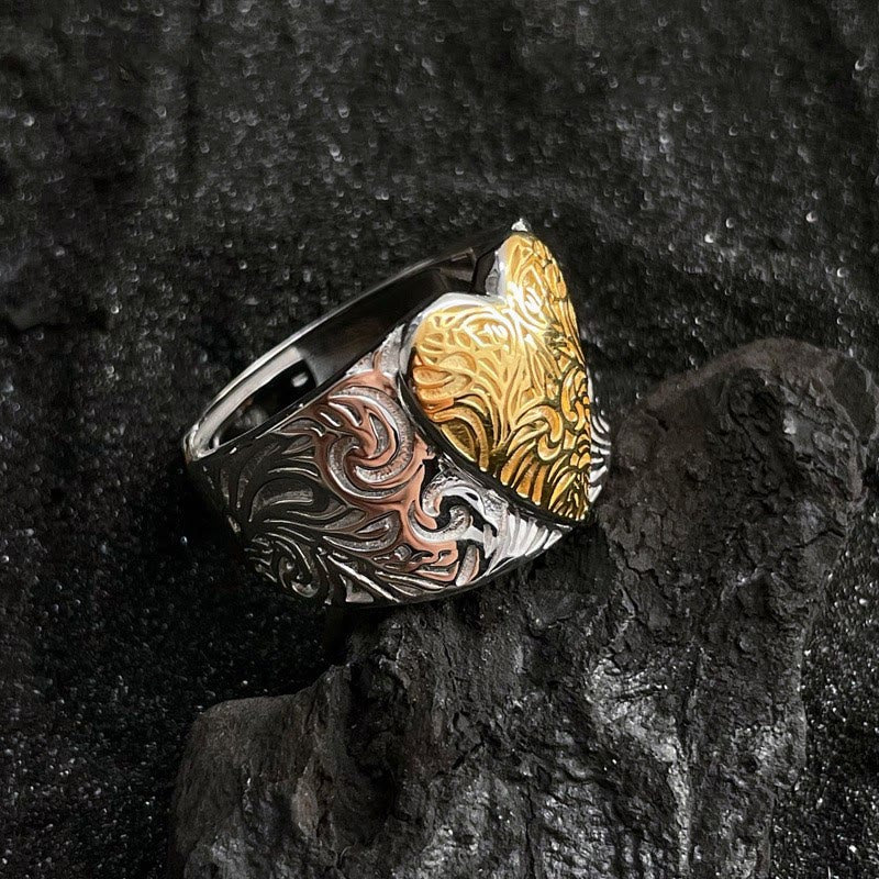 Adjustable Gold And Silver Contrasting Grass Patterned Heart Ring