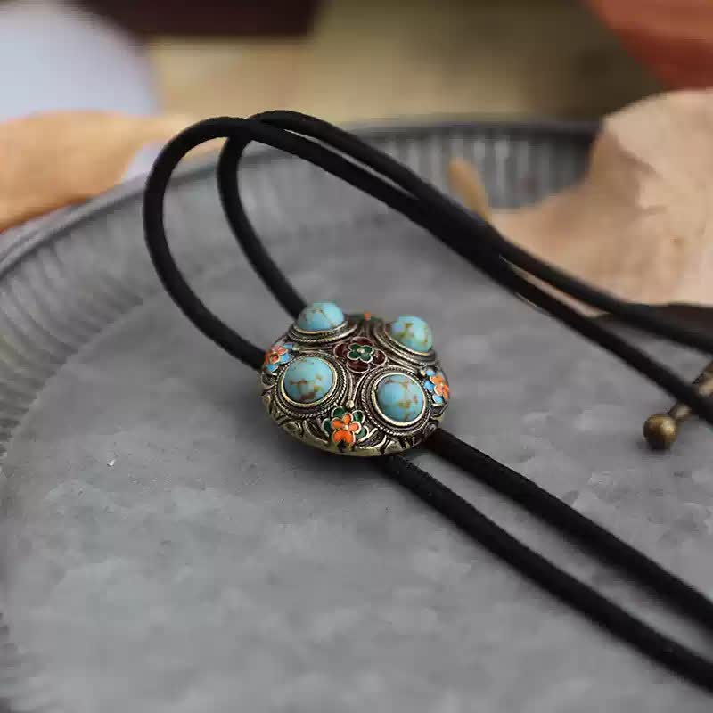 Ancient Blue Turquoise Enamel Flower Bolo Tie - Image 10