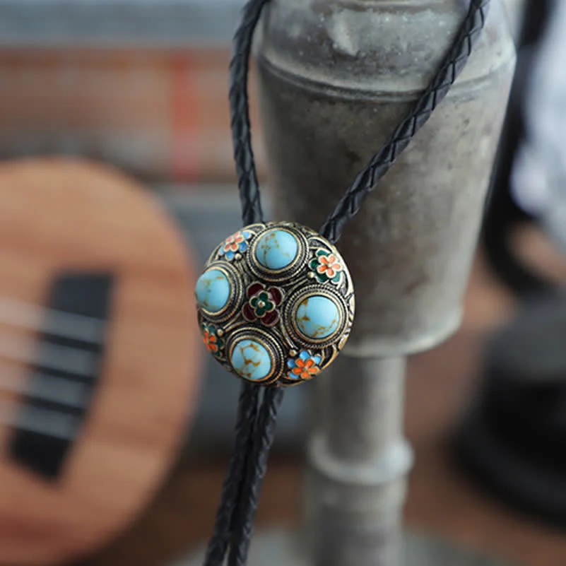Ancient Blue Turquoise Enamel Flower Bolo Tie - Image 2