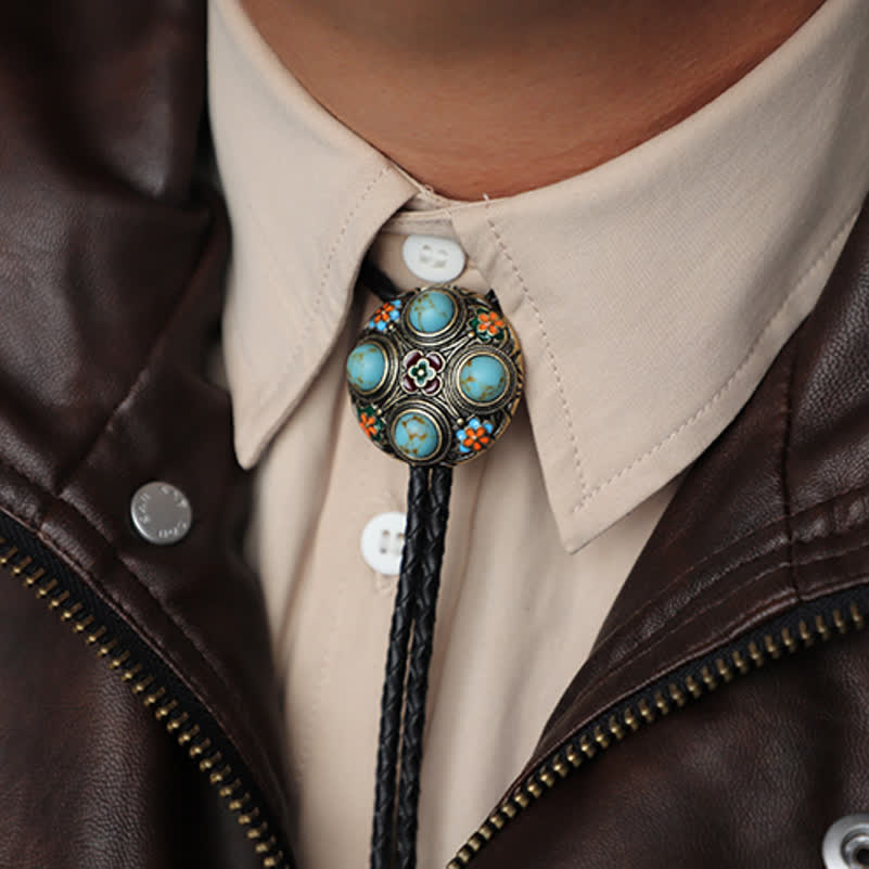 Ancient Blue Turquoise Enamel Flower Bolo Tie - Image 3